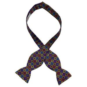 CARROT & GIBBS Men's 100% Silk LUXURY Self Bow Tie Blue Gold Geometric W:2.7"